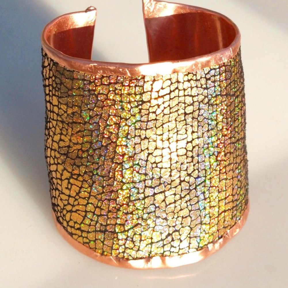 Genuine Leather Hologram Copper Cuff Bracelet Gold - Picture 4 of 10